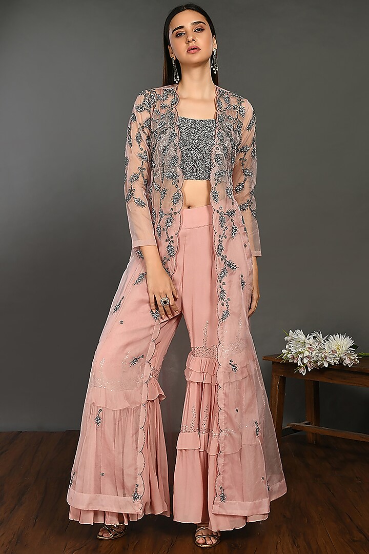 Rose Pink Georgette Sharara Set With Cape by Onaya