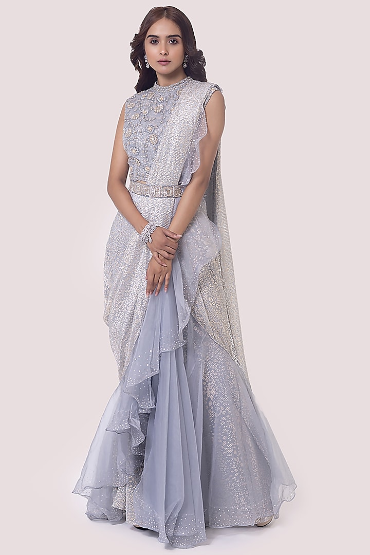 Silver Crushed Sequins & Cutdana Work Draped Party Wear Saree Set by Onaya at Pernia's Pop Up Shop