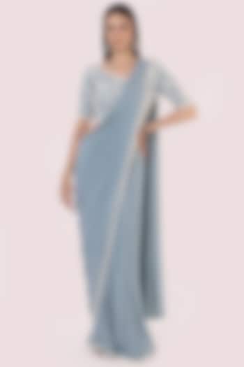 Doctor Blue Embroidered Draped Party Wear Saree Set by Onaya at Pernia's Pop Up Shop