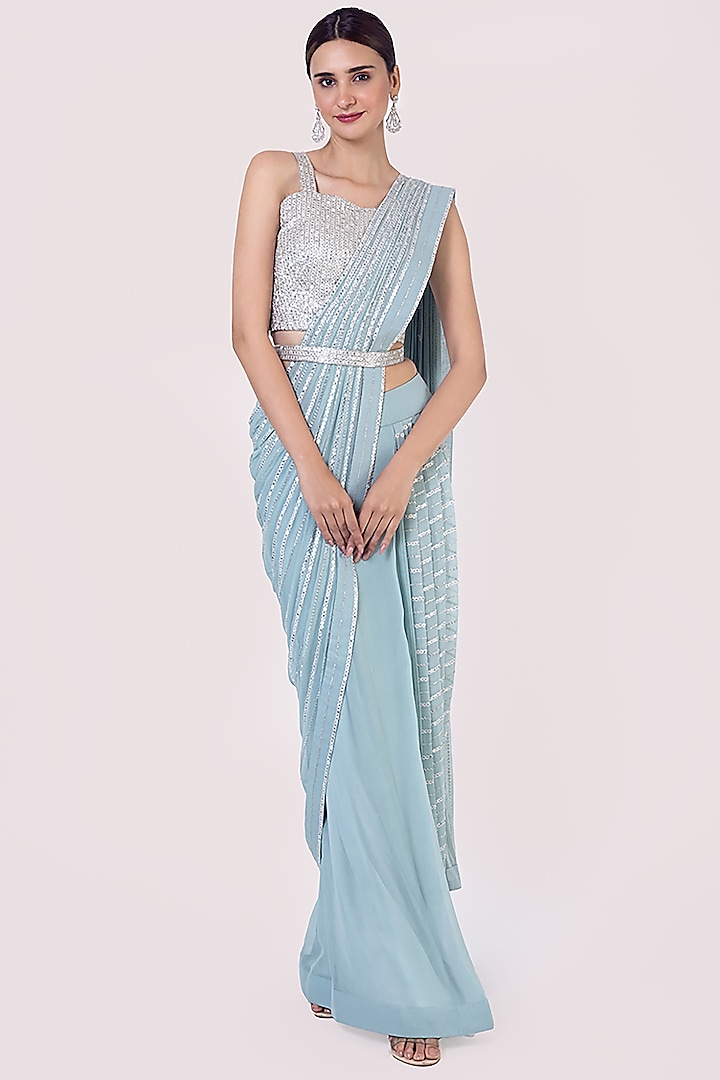 Dusky Blue Embroidered Draped Saree Set by Onaya