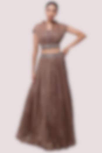 Graphite Brown Organza Skirt Set by Onaya