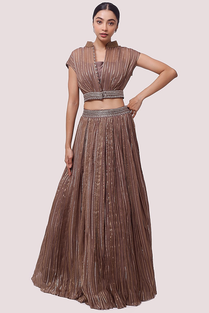 Graphite Brown Organza Skirt Set by Onaya