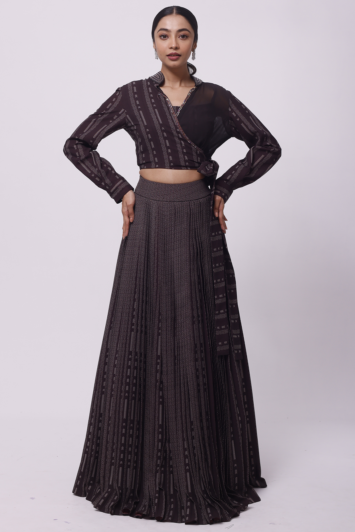 Dark Brown Embellished A-line Skirt Set by Onaya
