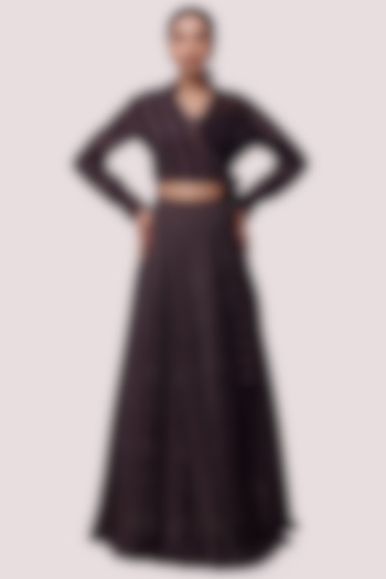 Dark Brown Embellished A-line Skirt Set by Onaya