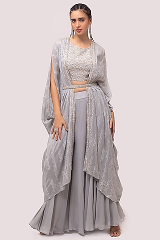 Grey Embellished Cape Set by Onaya