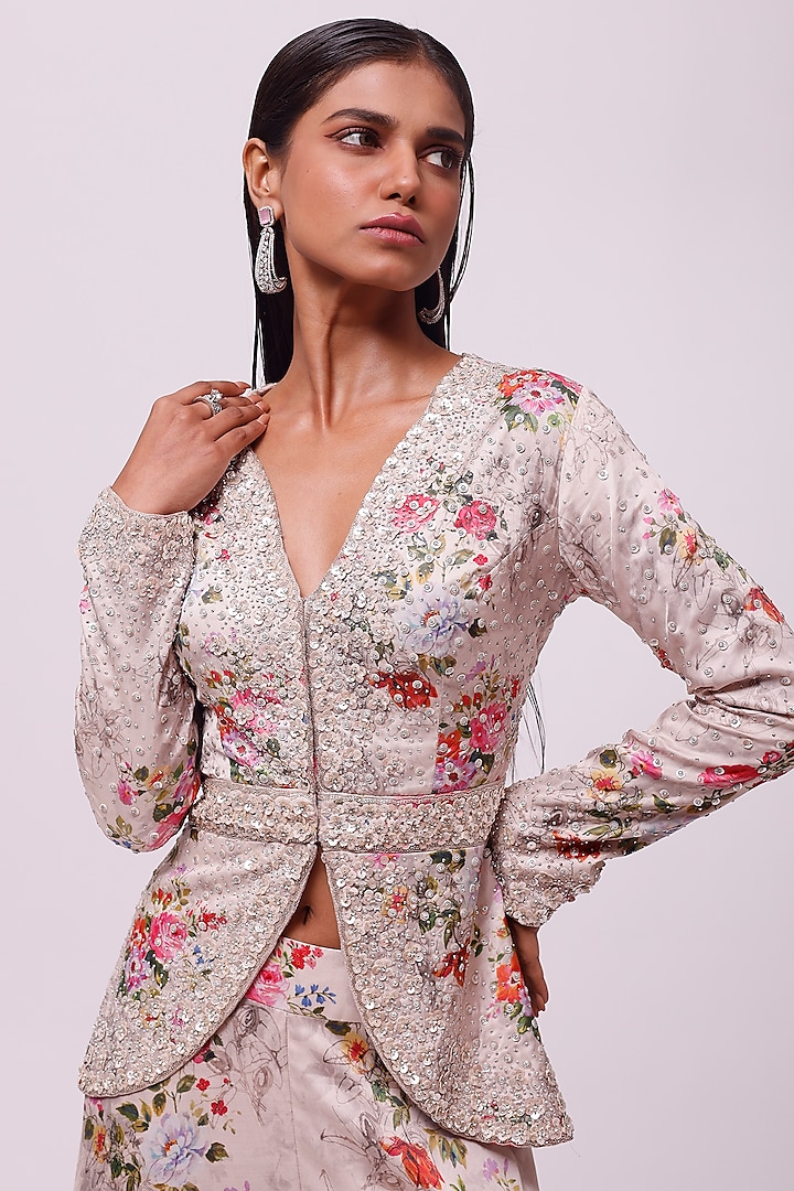 Peach Ethnic Printed & Embellsihed Co-ord Set with jacket