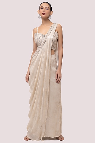 Ivory Georgette Pant Set With Drape by Onaya
