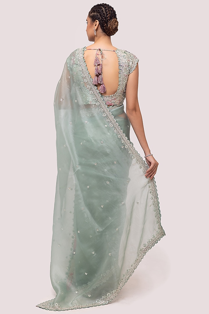 Aqua Embroidered Party Wear Saree Set by Onaya at Pernia's Pop Up Shop