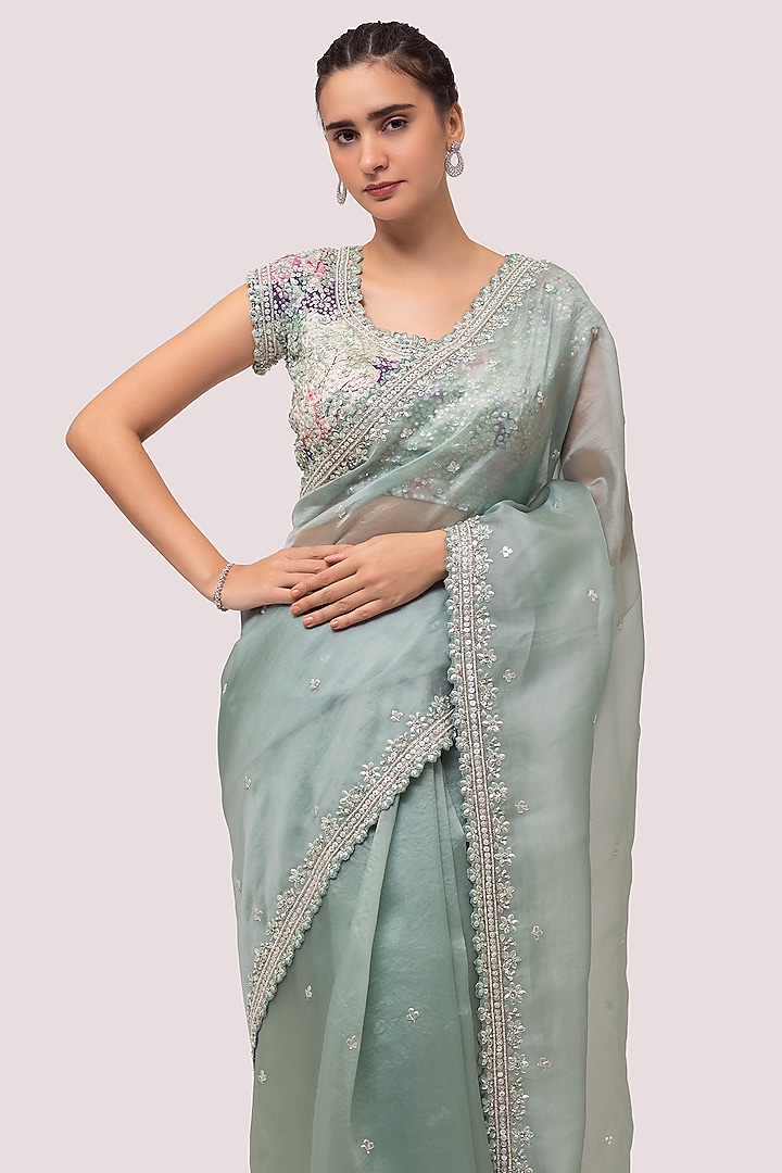 Aqua Embroidered Party Wear Saree Set by Onaya at Pernia's Pop Up Shop