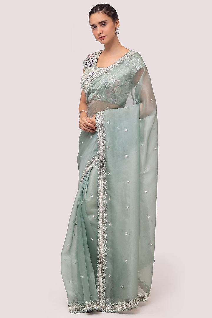 Aqua Embroidered Party Wear Saree Set by Onaya at Pernia's Pop Up Shop