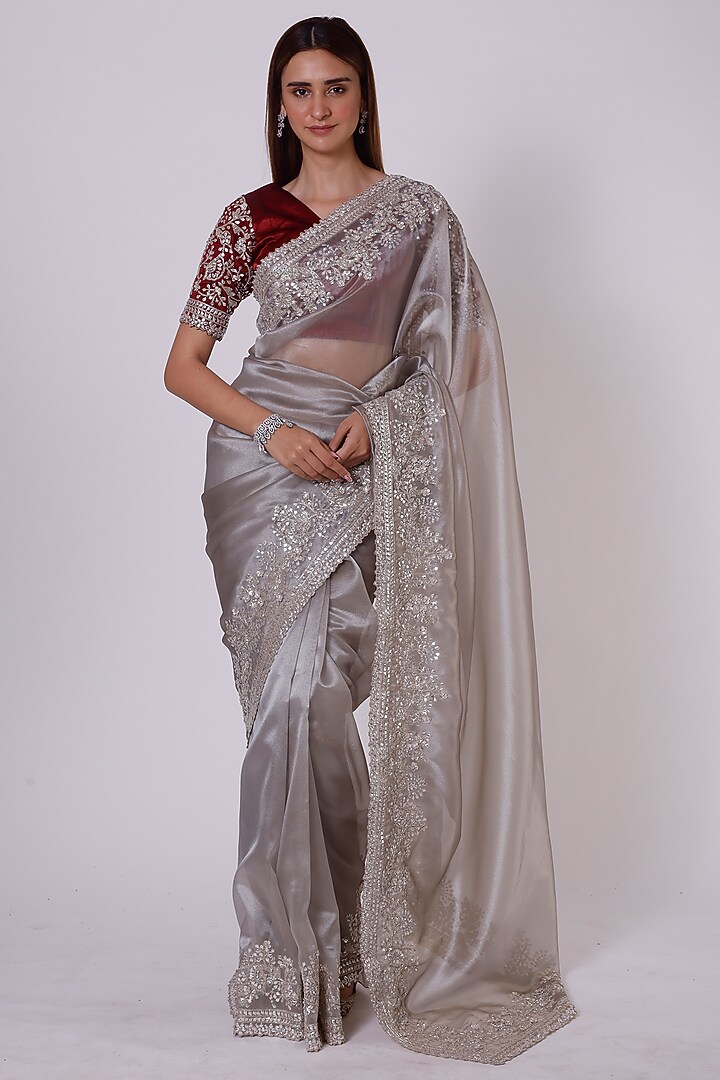 Silver Organza Party Wear Saree Set by Onaya at Pernia's Pop Up Shop