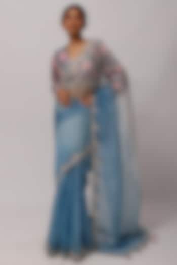 Grey & Blue Organza Party Wear Saree Set by Onaya at Pernia's Pop Up Shop