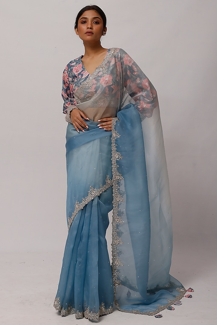 Grey & Blue Organza Party Wear Saree Set by Onaya at Pernia's Pop Up Shop
