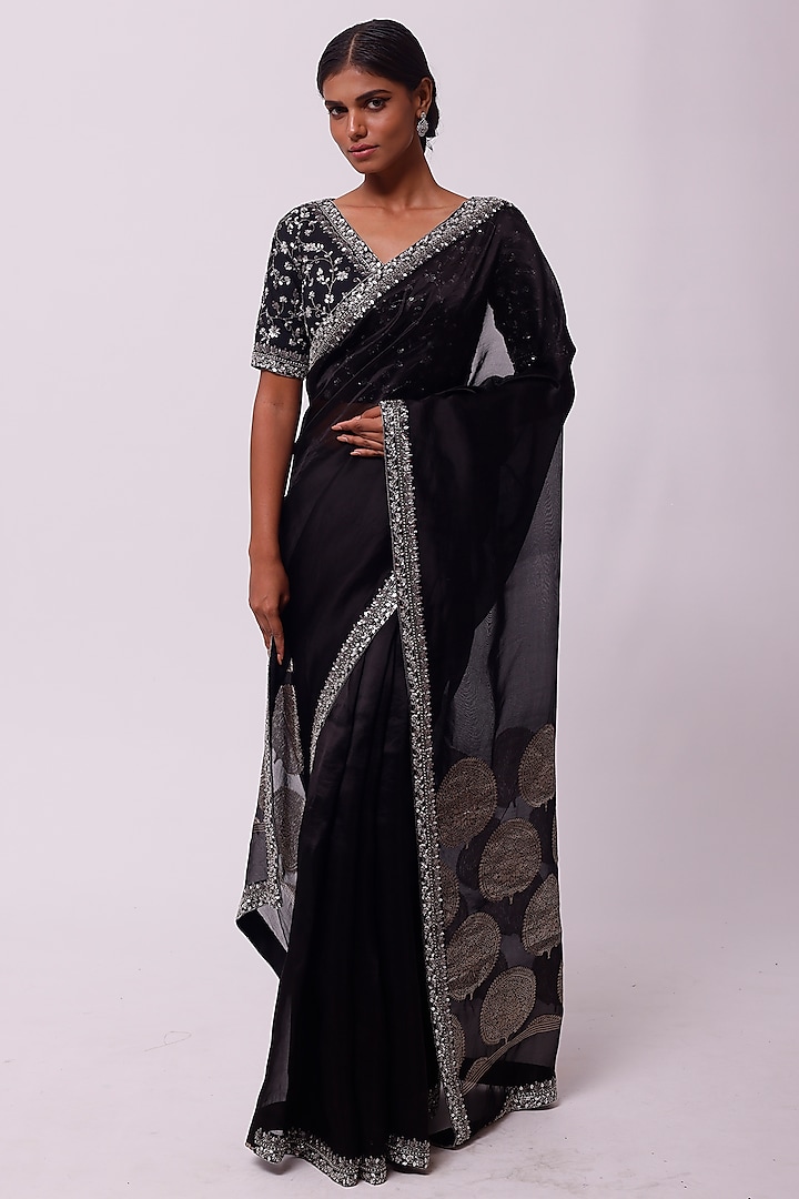 Black Handloom Embellished Saree Set by Onaya