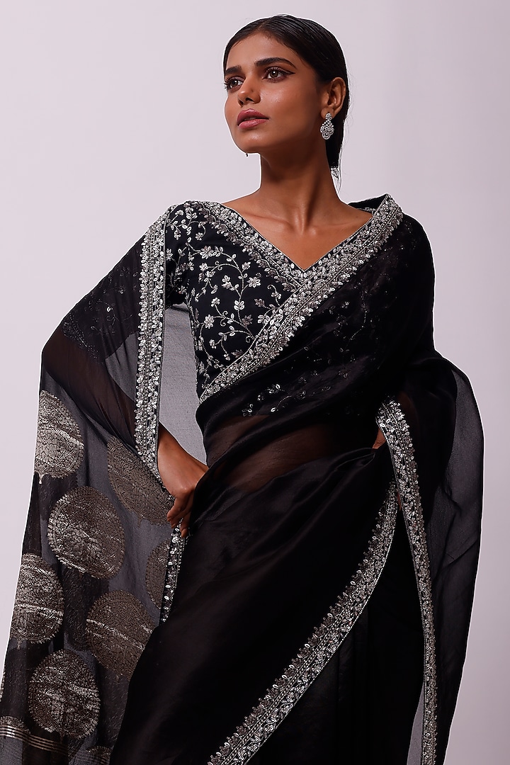 Black Handloom Embellished Party Wear Saree Set by Onaya at Pernia's Pop Up Shop
