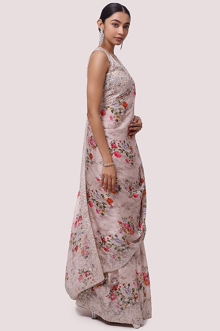 Peach Floral Printed Party Wear Saree Set by Onaya at Pernia's Pop Up Shop