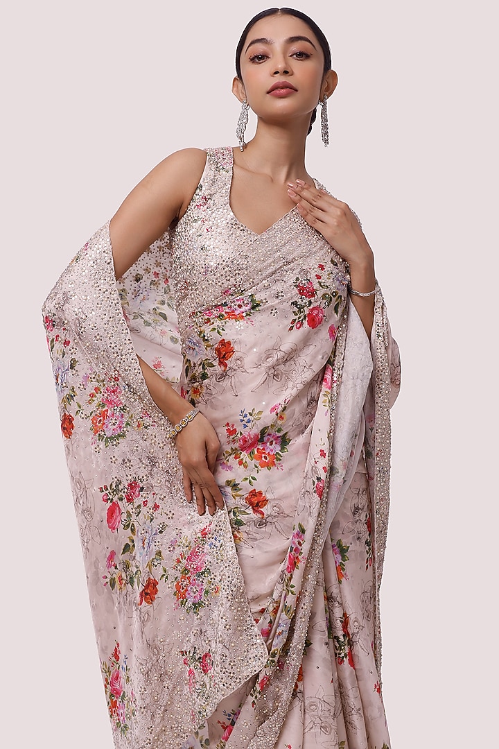 Peach Floral Printed Party Wear Saree Set by Onaya at Pernia's Pop Up Shop