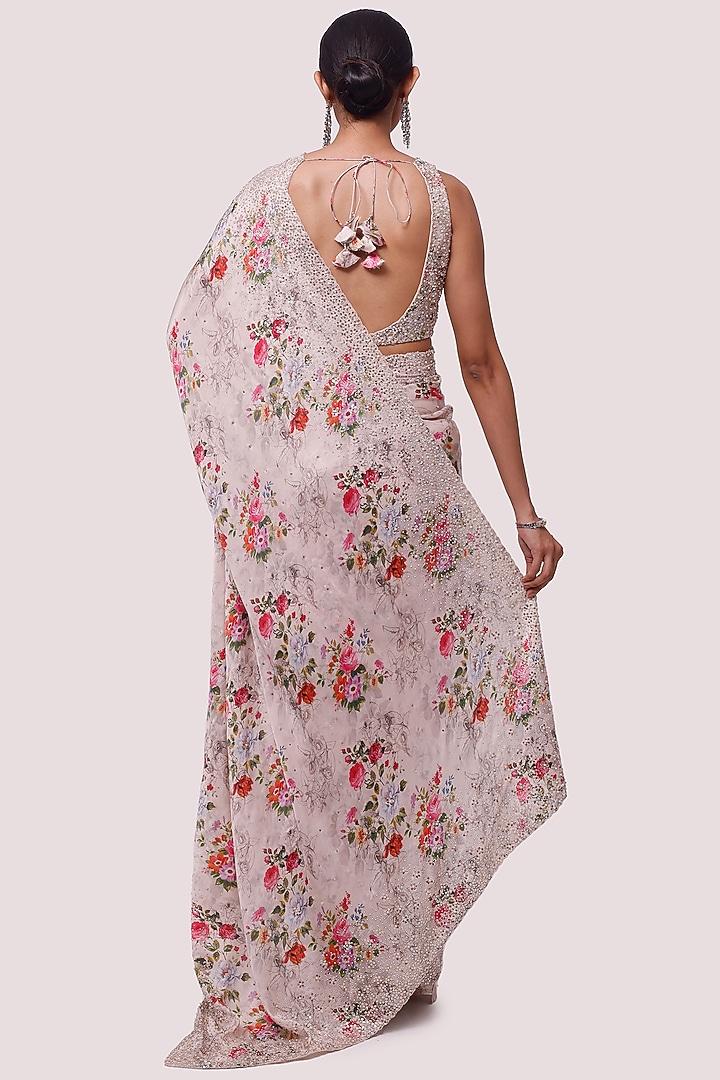 Peach Floral Printed Party Wear Saree Set by Onaya at Pernia's Pop Up Shop