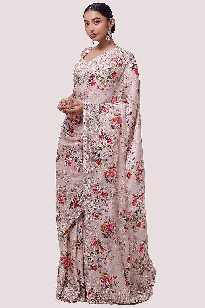 Peach Floral Printed Party Wear Saree Set by Onaya at Pernia's Pop Up Shop