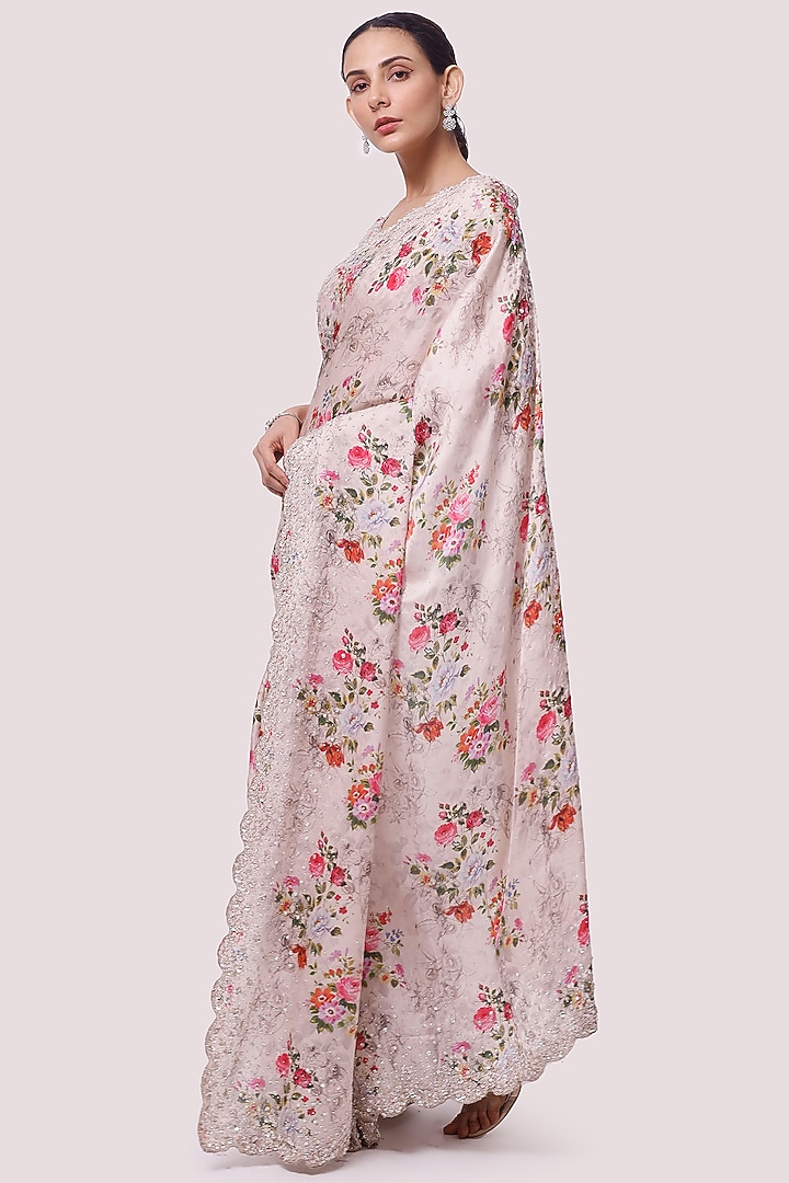 Peach Floral Printed Party Wear Saree Set by Onaya at Pernia's Pop Up Shop