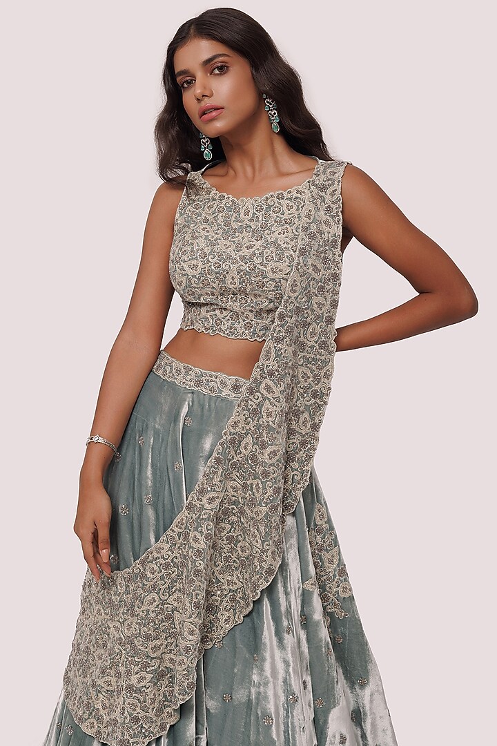 Dusty Green Embroidered Wedding Lehenga Set by Onaya at Pernia's Pop Up Shop