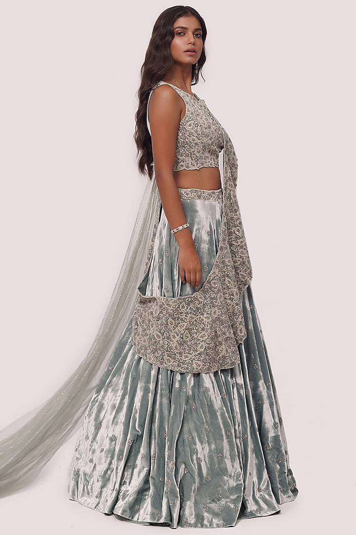 Dusty Green Embroidered Wedding Lehenga Set by Onaya at Pernia's Pop Up Shop