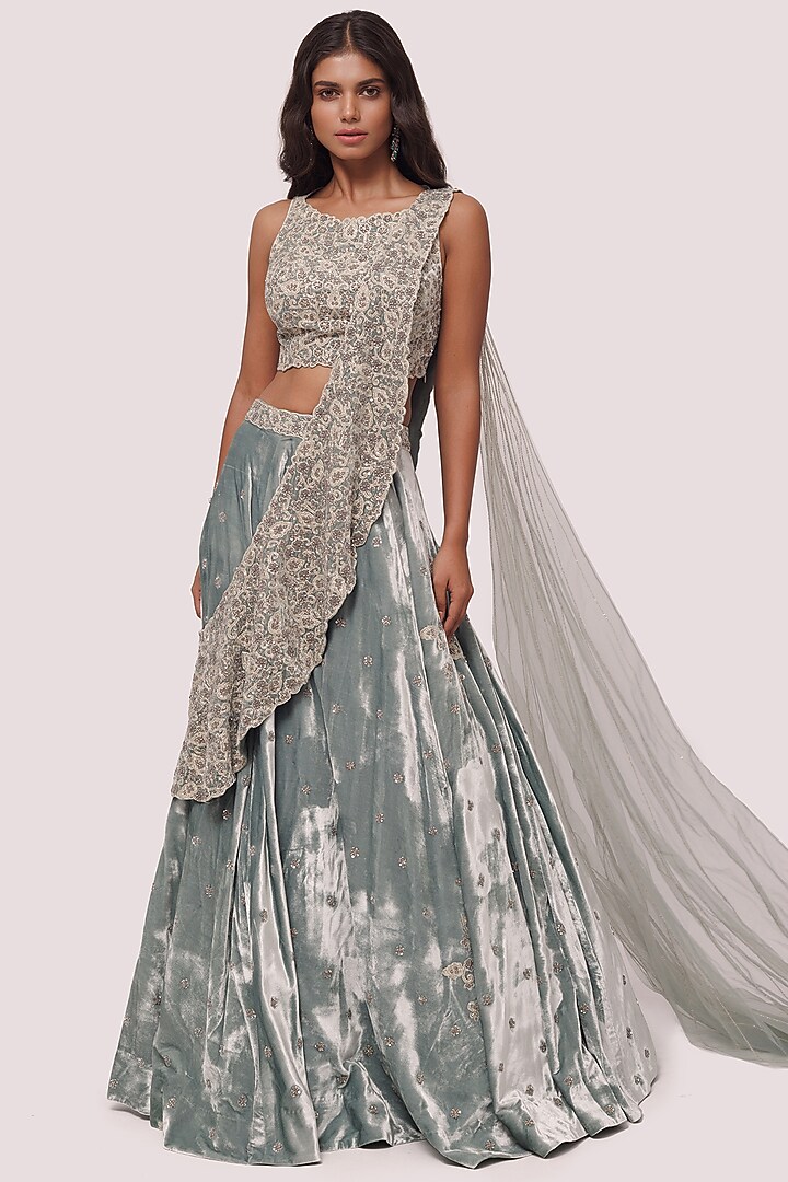 Dusty Green Embroidered Wedding Lehenga Set by Onaya at Pernia's Pop Up Shop