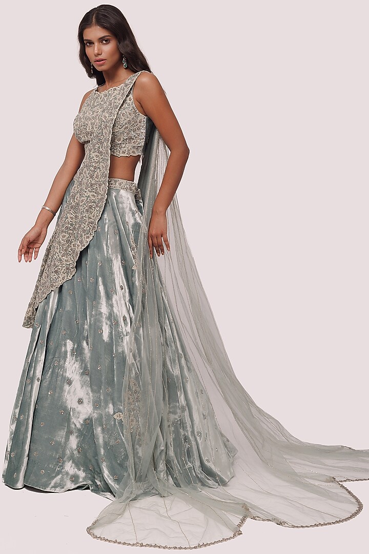 Dusty Green Embroidered Wedding Lehenga Set by Onaya at Pernia's Pop Up Shop