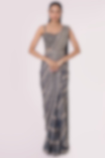 Black & Grey Chiffon Draped Saree Set by Onaya
