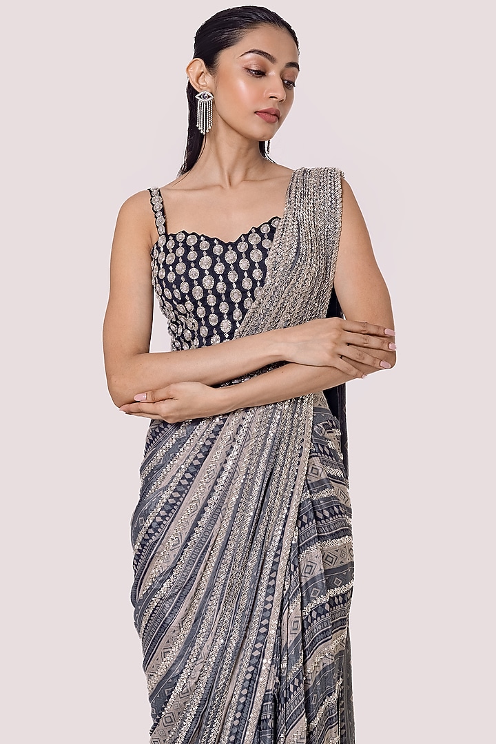Black & Grey Chiffon Draped Party Wear Saree Set by Onaya at Pernia's Pop Up Shop