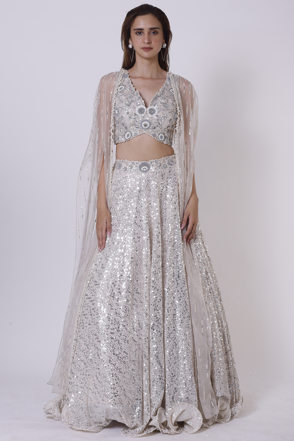 Off-White Lycra Embroidered Lehenga Set by Onaya