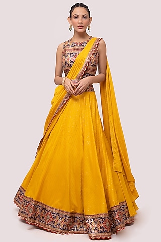 Mustard Russian Fabric Lehenga Set by Onaya