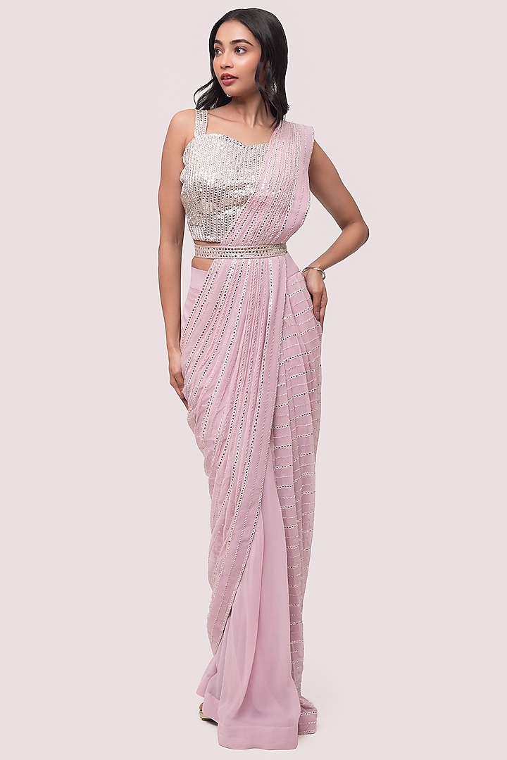 Muted Pink Georgette Embroidered Draped Saree Set by Onaya