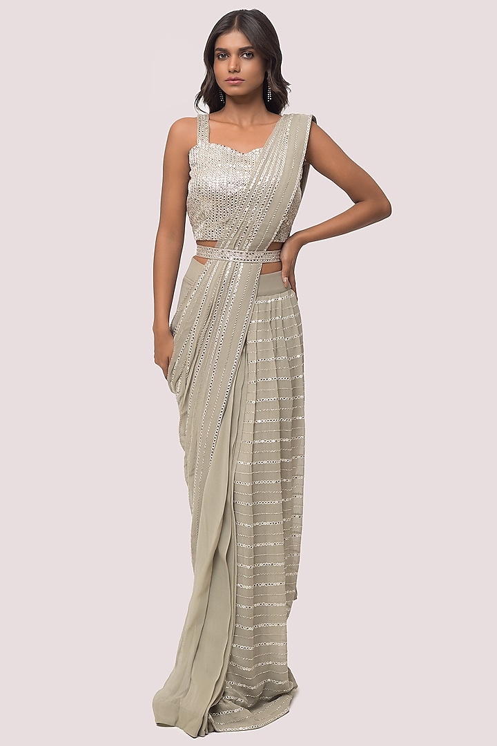 Muted Grey Georgette Cutdana Embroidered Draped Saree Set by Onaya