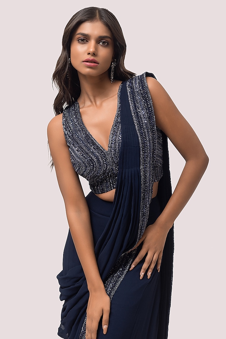 Prussian Blue Georgette Pre-Stitched Party Wear Saree Set by Onaya at Pernia's Pop Up Shop