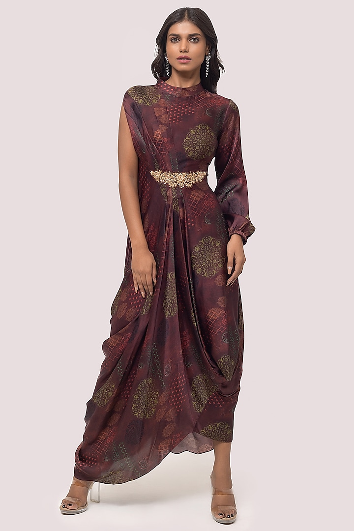Deep Wine Satin Embroidered Gown by Onaya