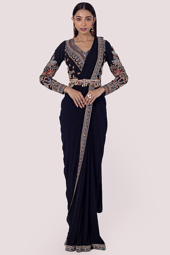 Black Embroidered Draped Saree Set by Onaya at Pernia's Pop Up Shop