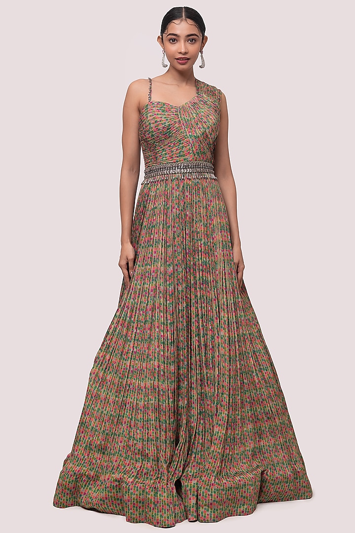 Multi-Coloured Georgette Printed & Embroidered Gown by Onaya