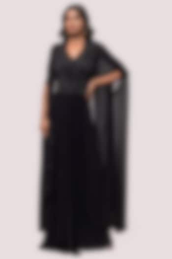 Black Lycra Embellished Gown With Cape by Onaya
