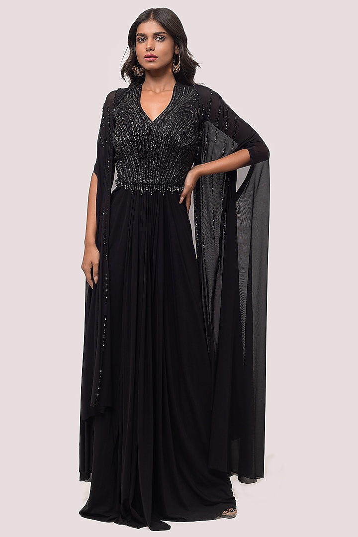 Black Lycra Embellished Gown With Cape by Onaya