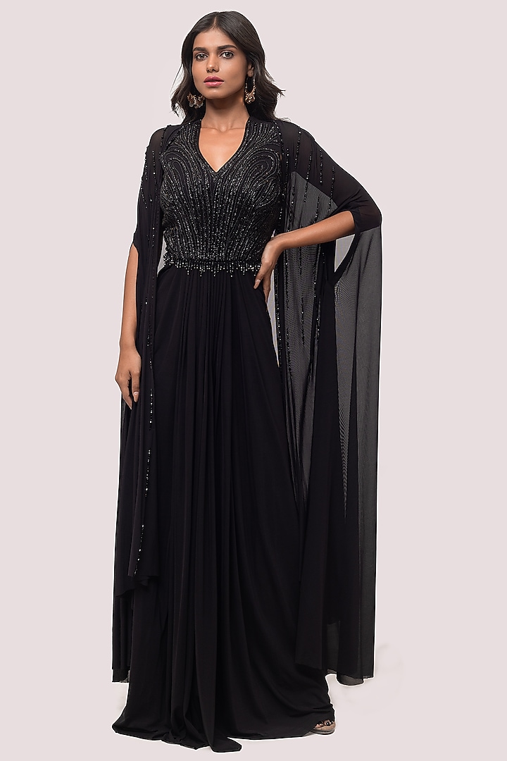 Black Lycra Embellished Party Wear Gown With Cape by Onaya at Pernia's Pop Up Shop