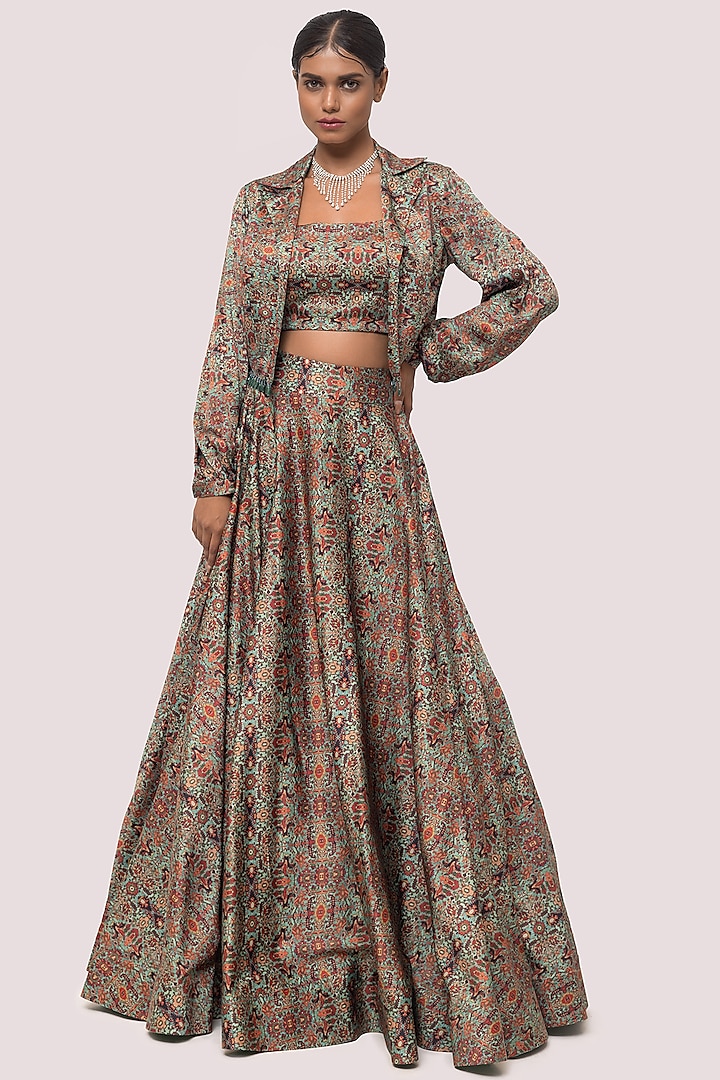 Green Satin Printed Skirt Set by Onaya