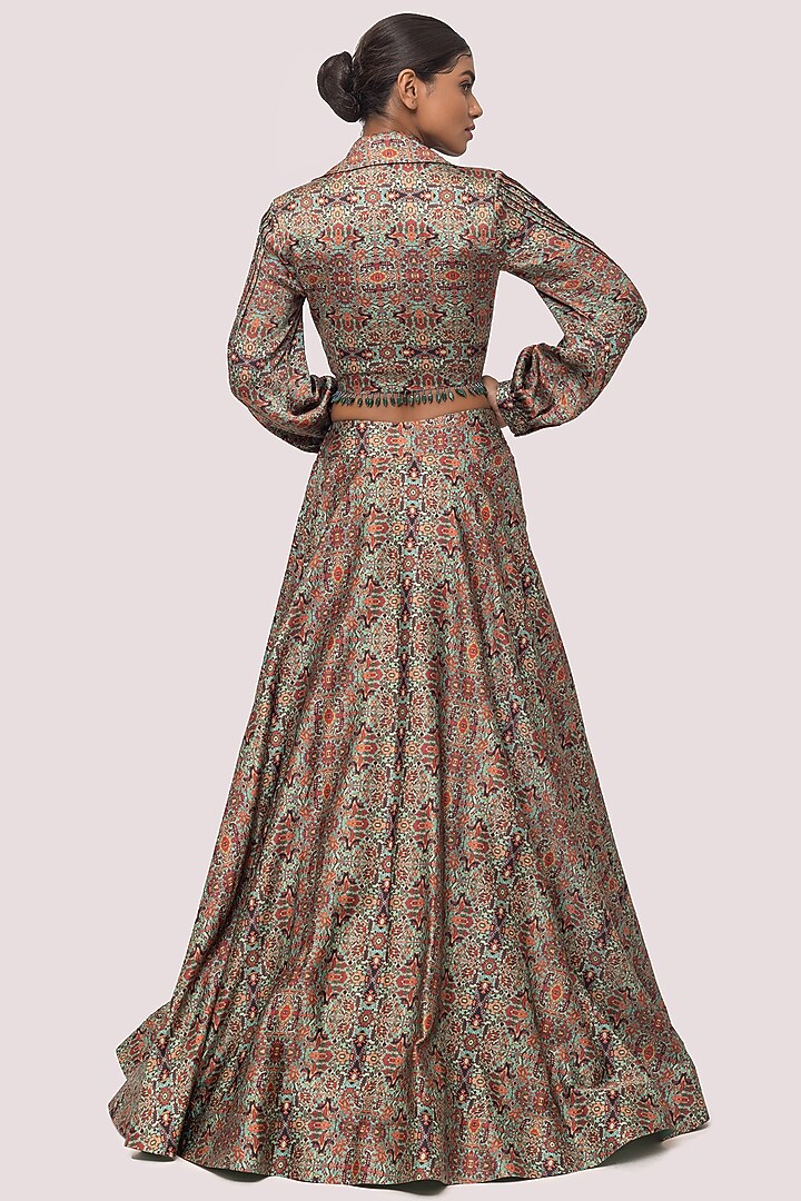 Green Satin Printed Skirt Set by Onaya at Pernia's Pop Up Shop
