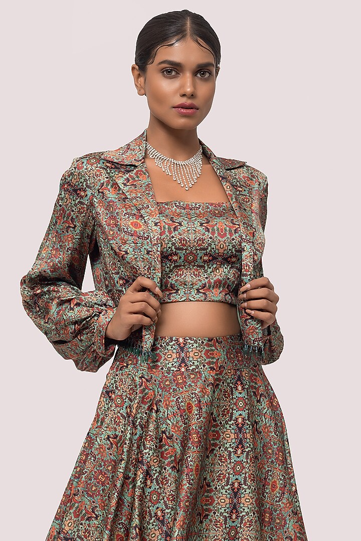 Green Satin Printed Skirt Set by Onaya at Pernia's Pop Up Shop