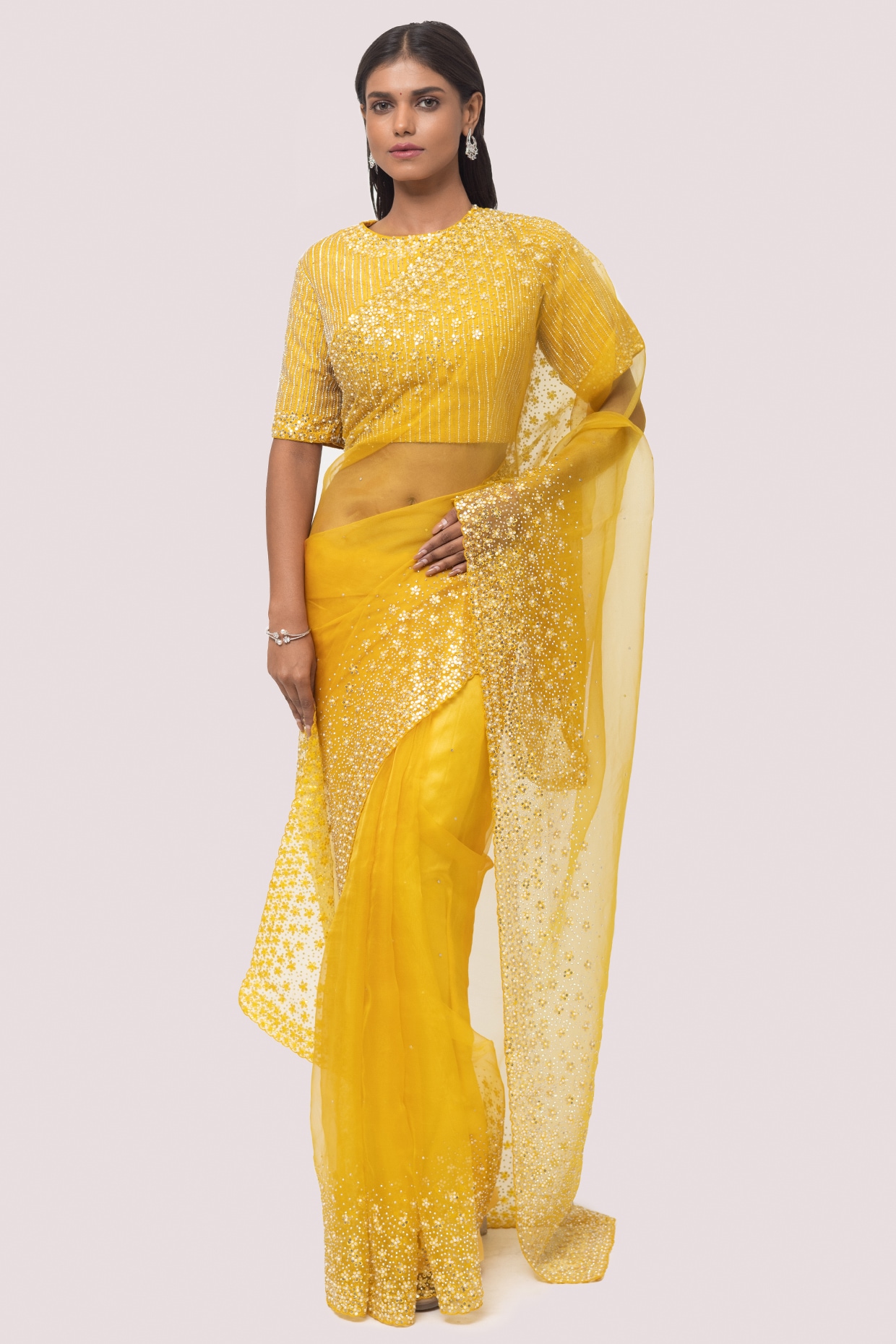Stunning Mustard Organza Embroidered Party Wear Saree