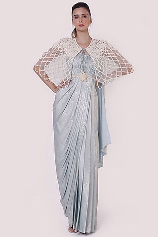 Sea Green Embroidered Draped Dress by Onaya