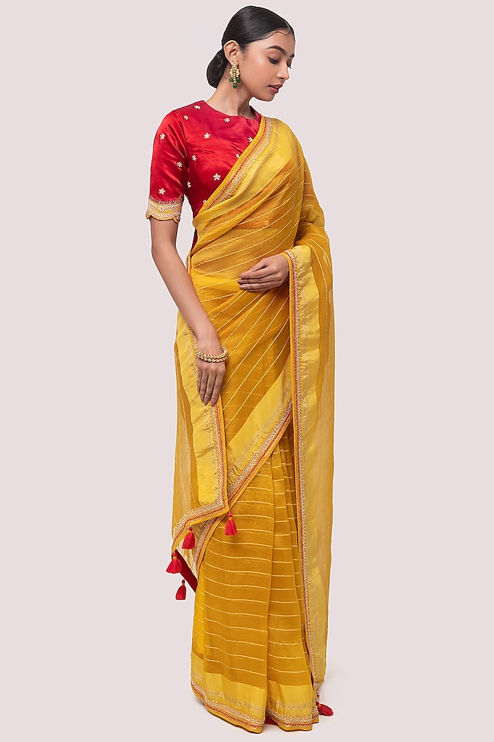 Mustard Handloom Embroidered Saree Set by Onaya at Pernia's Pop Up Shop