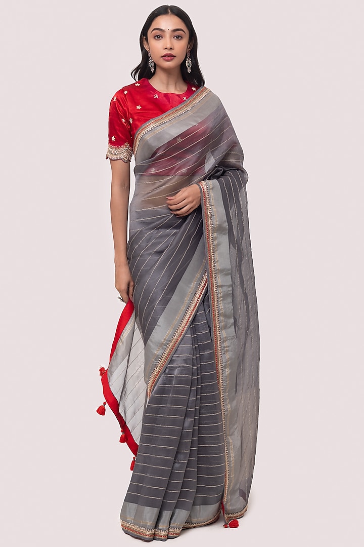 Grey Handloom Embroidered Saree Set by Onaya
