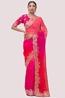 Flamingo Pink & Tangerine Red Crush Fabric Draped Saree Set by Onaya-GANESH CHATURTHI