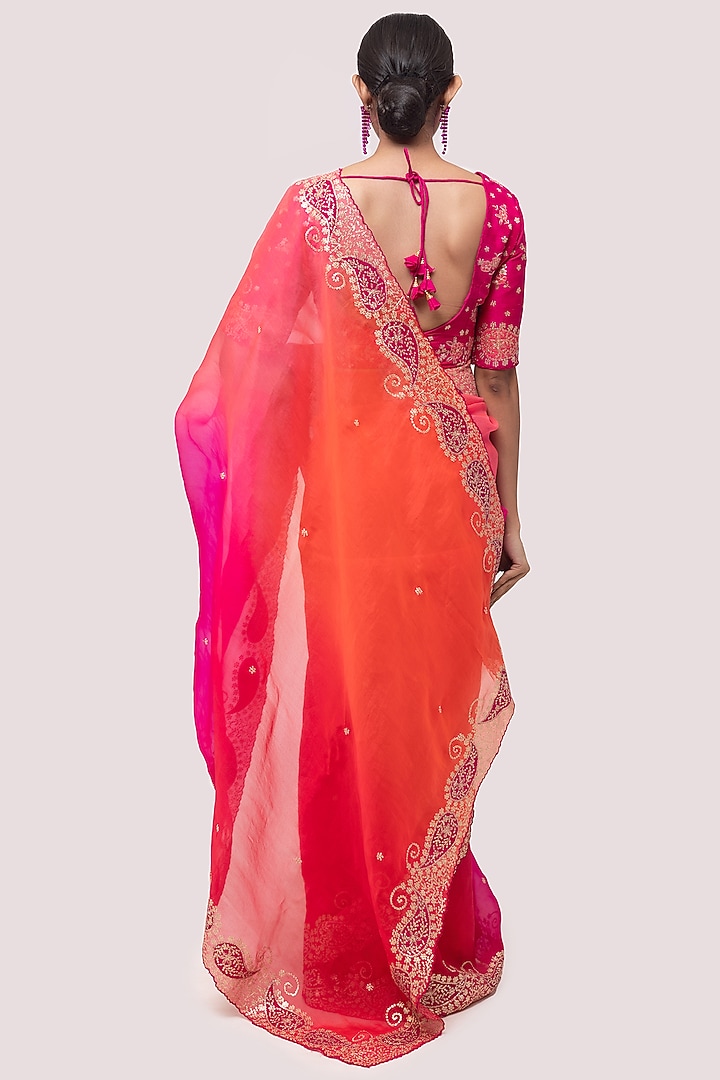 Flamingo Pink & Tangerine Red Crush Fabric Draped Party Wear Saree Set by Onaya at Pernia's Pop Up Shop